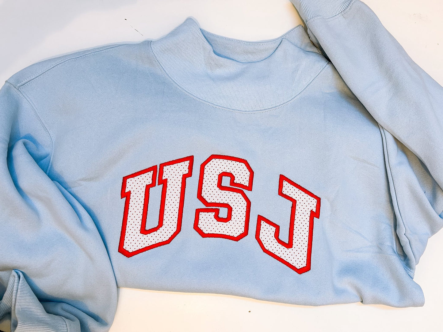 Varsity Lettered Mockneck Pullover LIGHT BLUE
