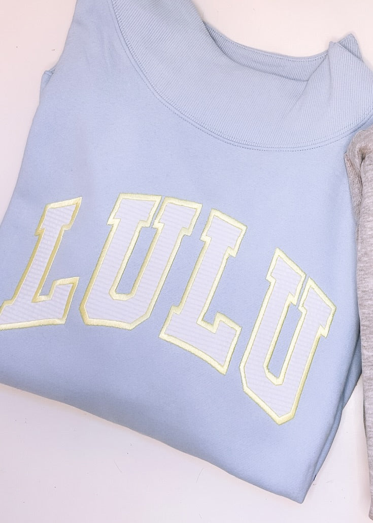 Varsity Lettered Mockneck Pullover LIGHT BLUE