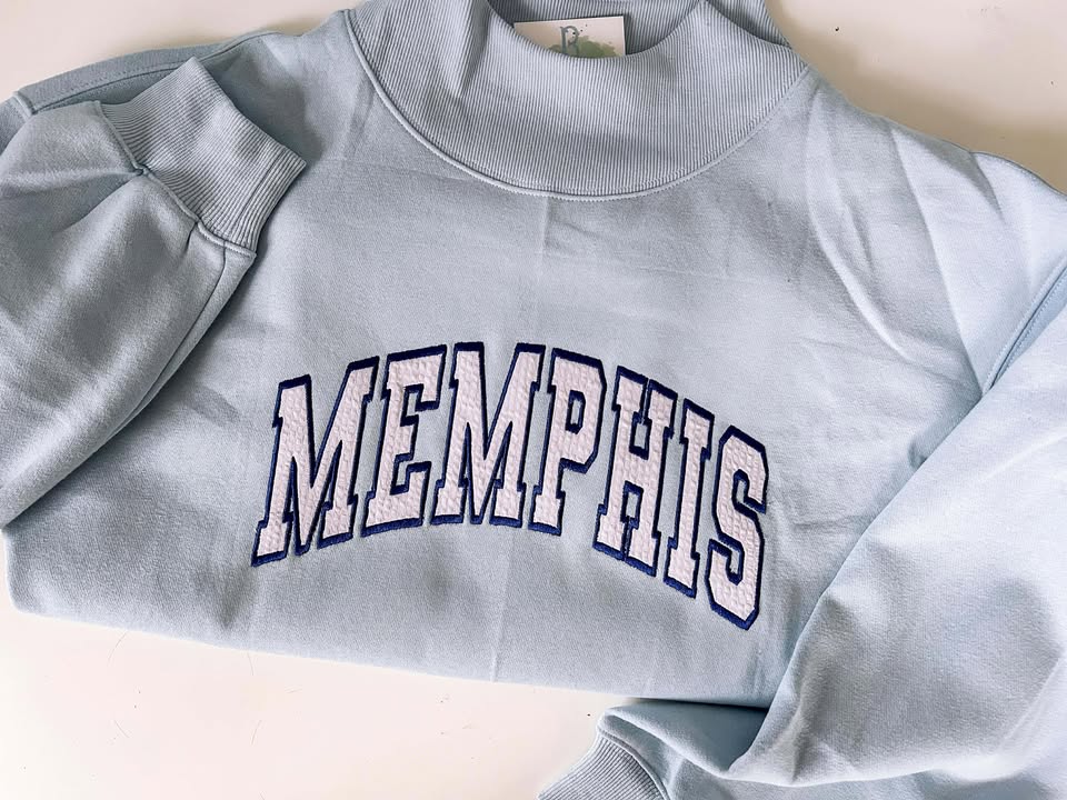 Varsity Lettered Mockneck Pullover LIGHT BLUE